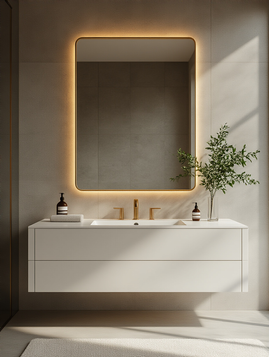 A modern luxury bathroom features a large, rectangular gold-framed mirror as a focal point above a white floating vanity, reflecting bright ambient light and making the space appear larger.