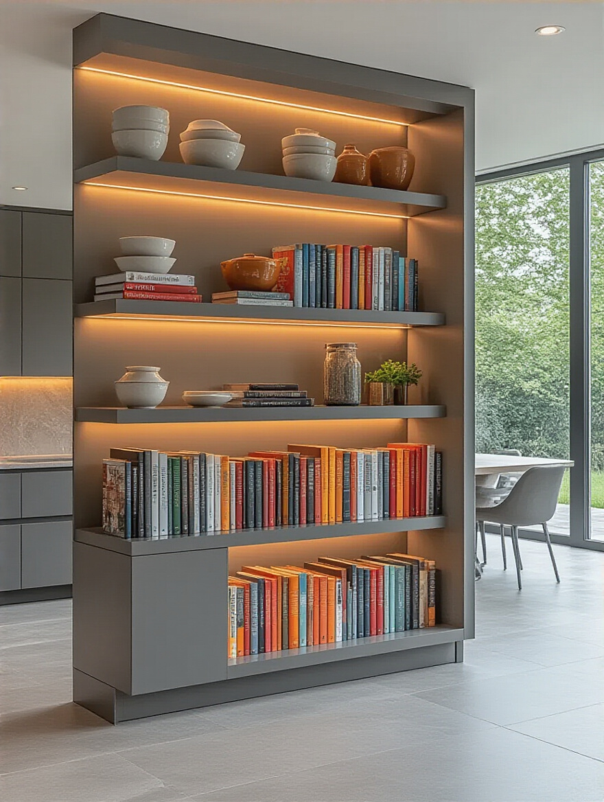 Modern kitchen island with integrated open shelving displaying colorful cookbooks and minimalist ceramic decor, illuminated by under-shelf lighting. Contemporary kitchen design with smart storage solutions.