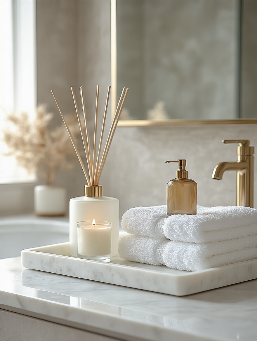Modern bathroom with a large abstract acrylic painting above a white vanity and gold-framed mirror, demonstrating effective wall decor.