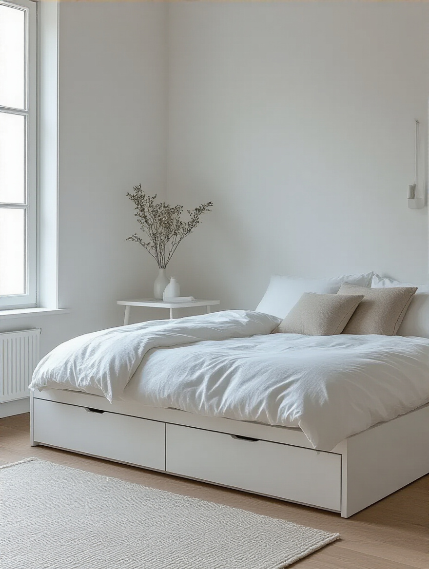 A white bedroom featuring a platform bed with integrated storage drawers and a hidden compartment in the bedside table, emphasizing discreet white bedroom storage for a minimalist aesthetic.