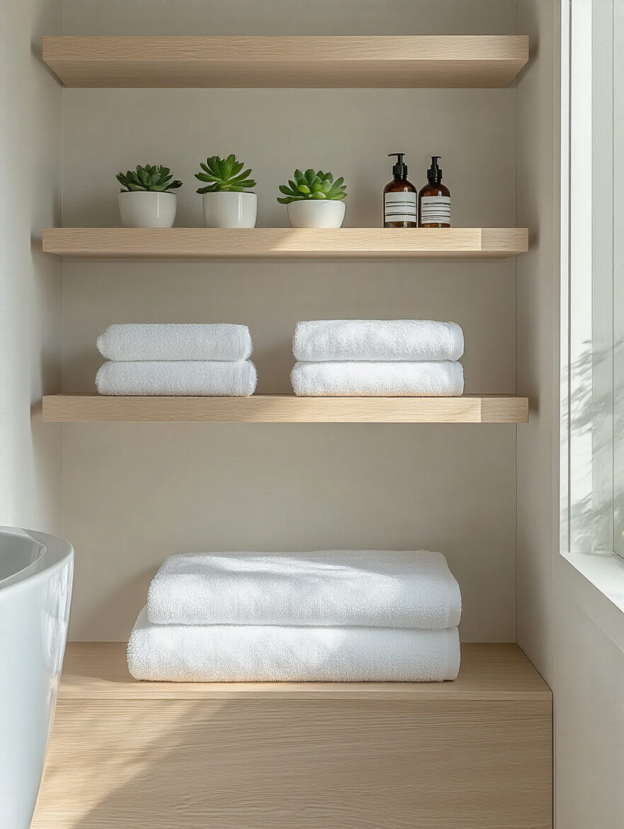 Modern bathroom with floating light wood open shelving displaying neatly folded white towels, green succulent plants, and apothecary bottles above a wall-mounted toilet, enhancing decorative and functional storage.