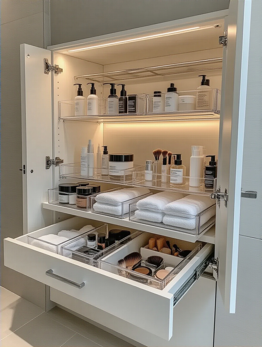 Highly organized bathroom cabinet interior with smart storage solutions like drawer dividers, pull-out shelves, and door racks.