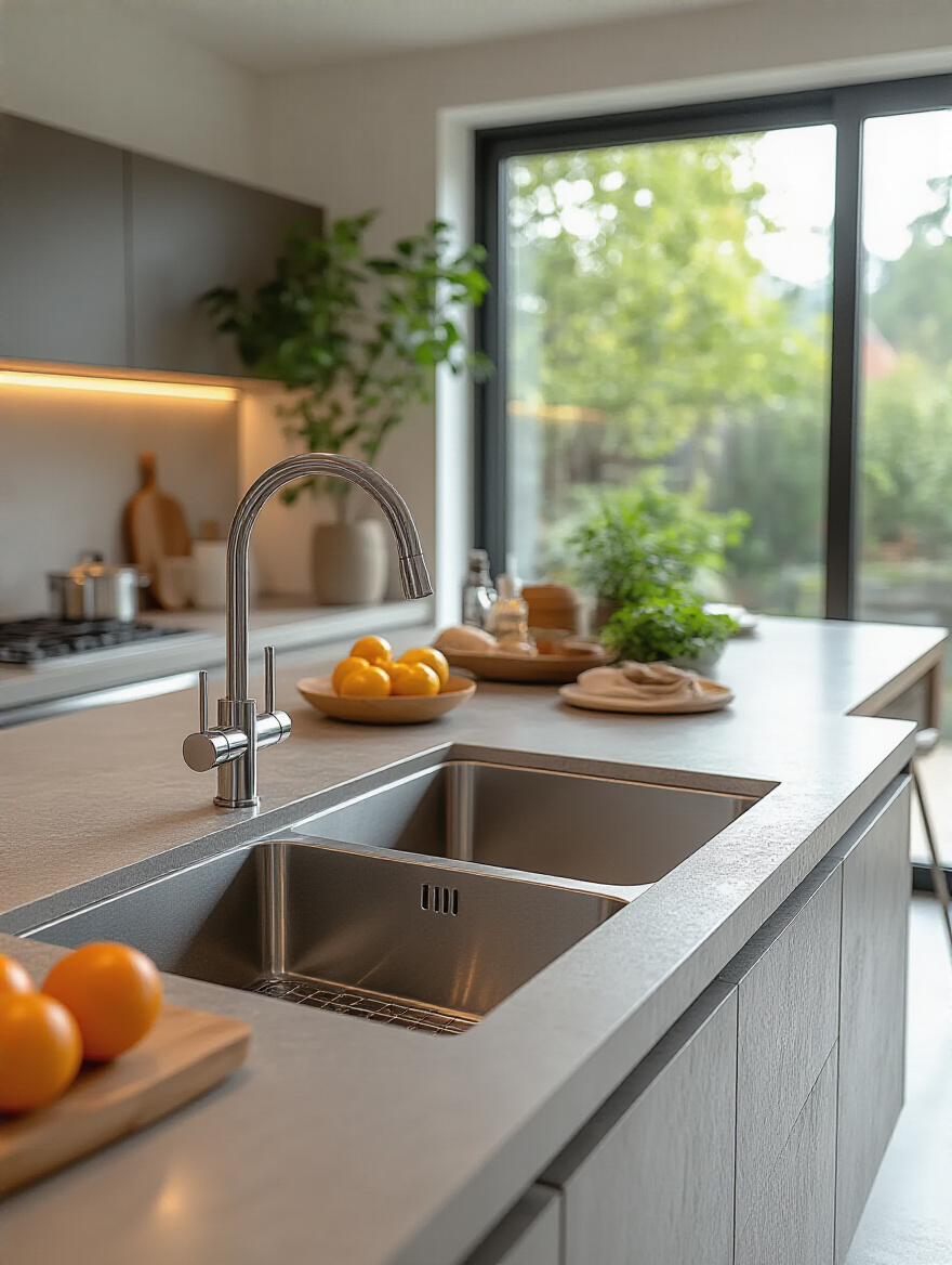 Modern kitchen island featuring an integrated stainless steel prep sink with a pull-down faucet, surrounded by clean counter space and fresh produce, showcasing enhanced cooking efficiency.