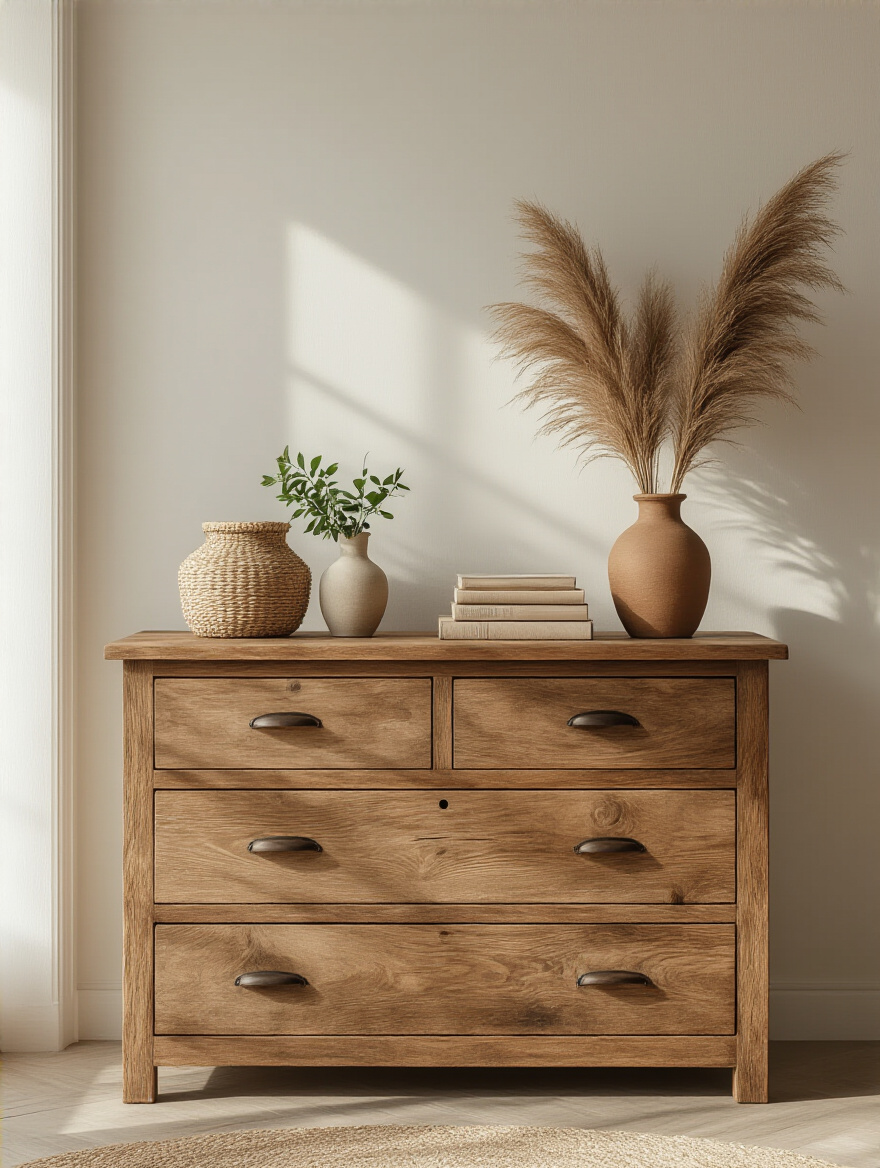 Rustic teak wood dresser with woven baskets, pampas grass, and books in a boho bedroom