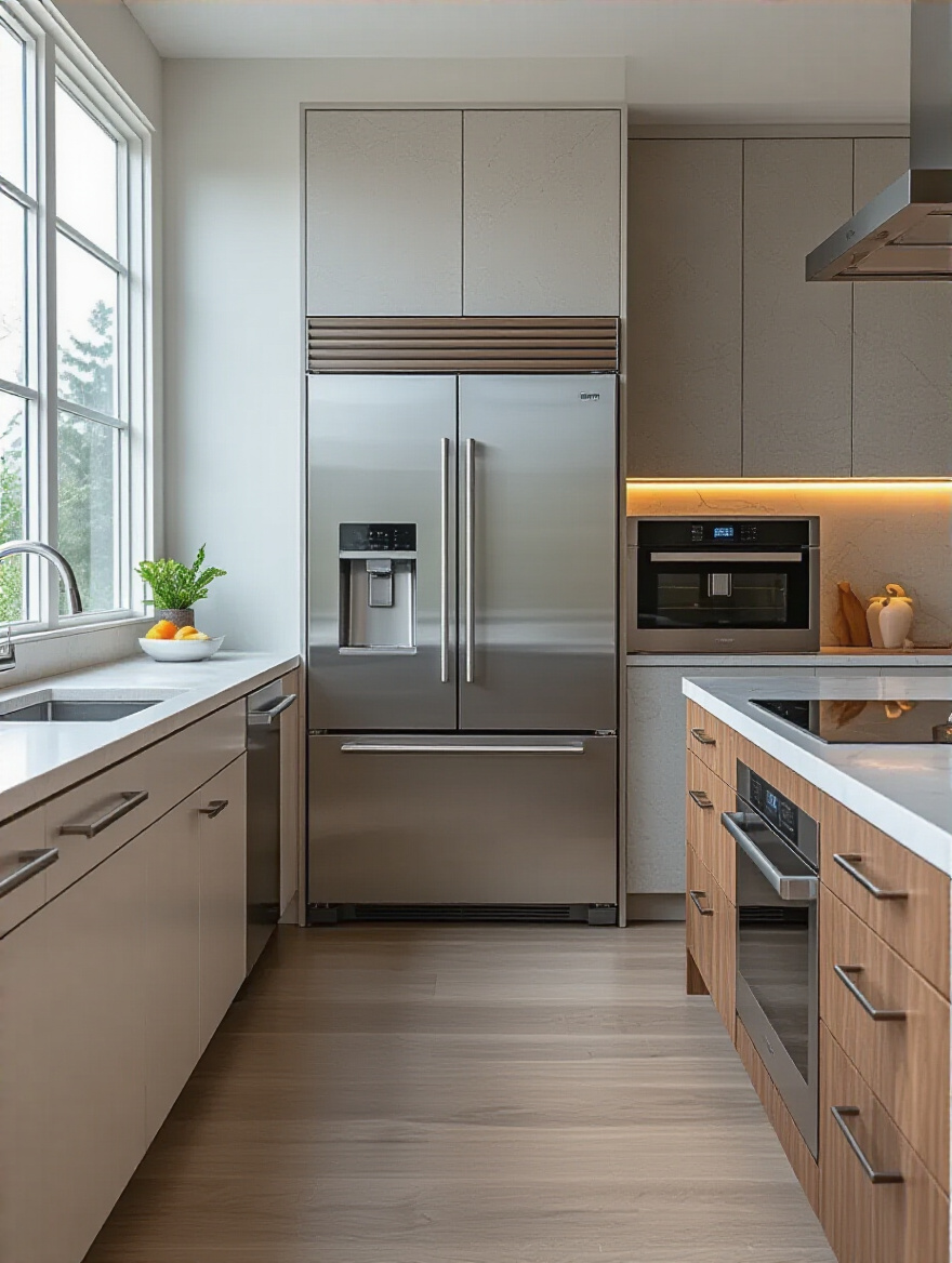 Modern kitchen with integrated smart oven, refrigerator, and induction cooktop. Sleek design for culinary efficiency and smart appliance ecosystem optimization.