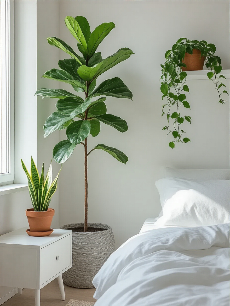A white bedroom featuring a large Fiddle Leaf Fig tree in a woven basket, a snake plant on a nightstand, and Pothos trailing from a shelf, all adding green contrast and organic warmth.