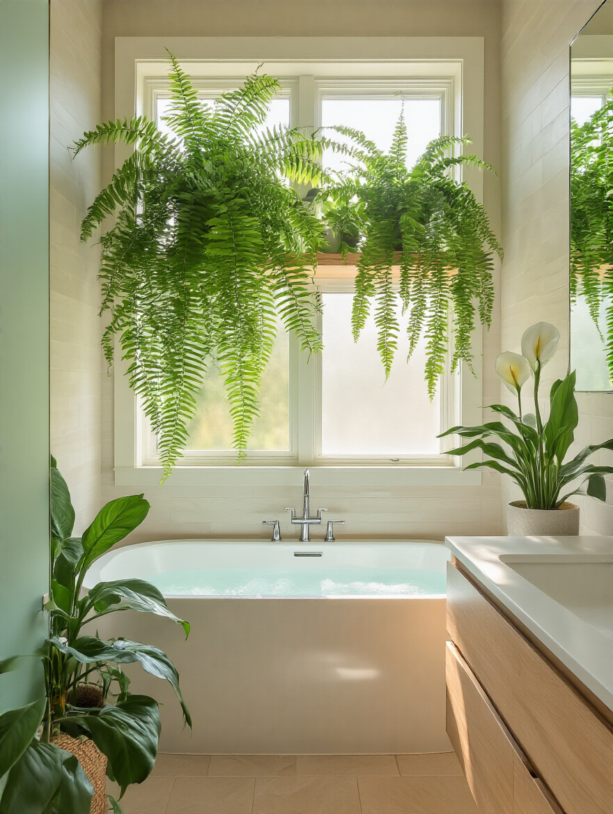 Modern bathroom decorated with lush humidity-loving plants like a Boston fern and peace lily, creating a spa-like, green oasis with natural light and elegant decor.