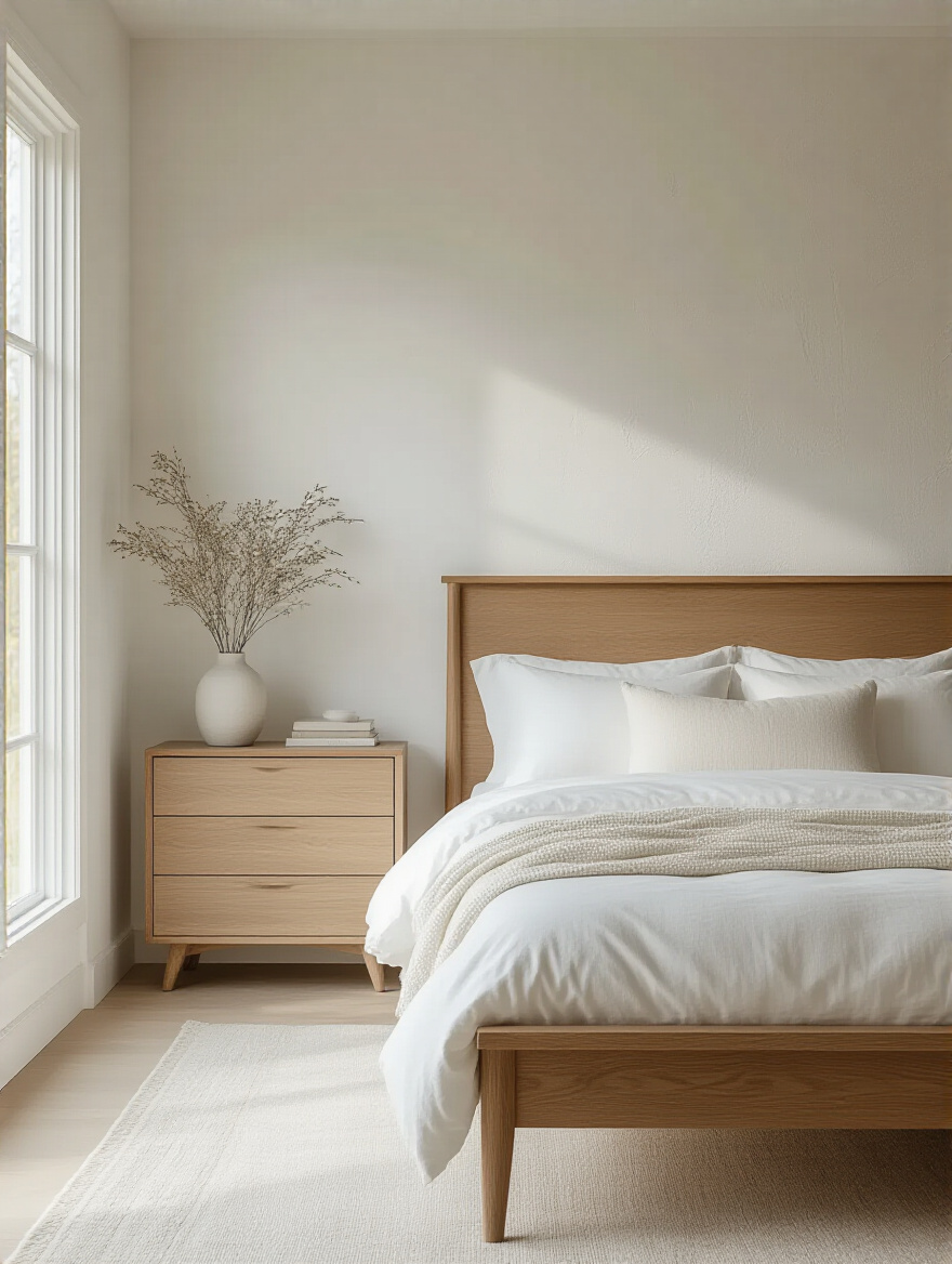 An elegant white bedroom featuring a warm wood bed frame, nightstands, and dresser, demonstrating how strategic wooden elements soften a white aesthetic and prevent a clinical feel.