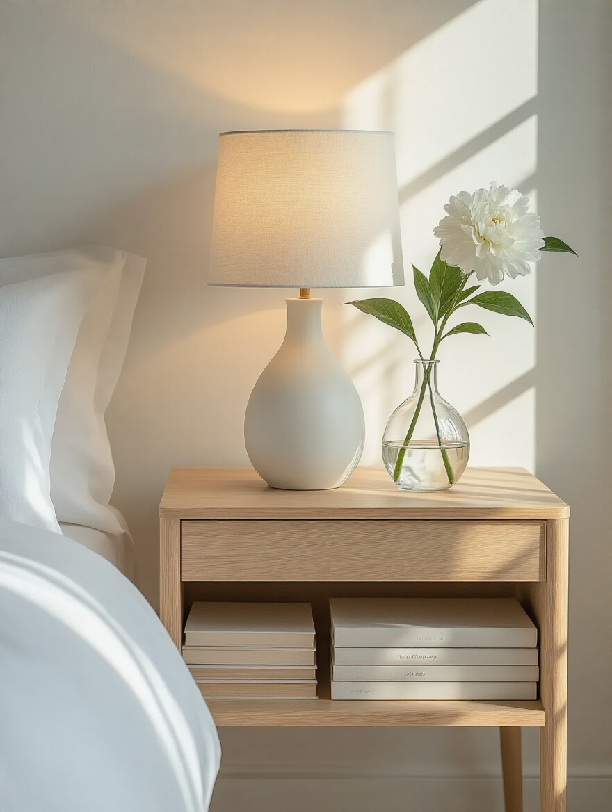 A minimalist white bedroom bedside table styled with a sleek white lamp, a single white bloom in a clear vase, and a stack of books, emphasizing clean, uncluttered surfaces.
