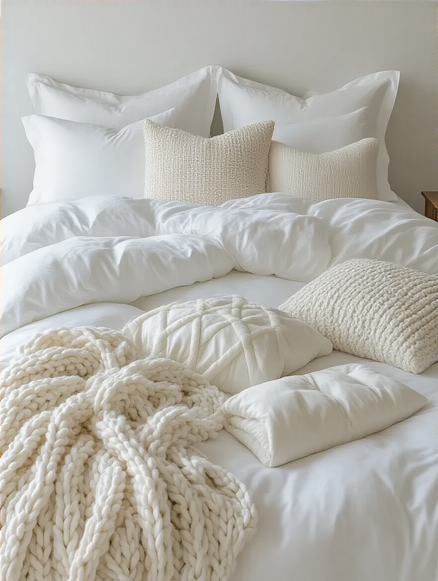 Close-up of a perfectly layered white bed in a luxurious bedroom, featuring multiple soft textures of white and off-white bedding, including a fluffy duvet, textured throw blanket, and decorative pillows, under soft natural light.