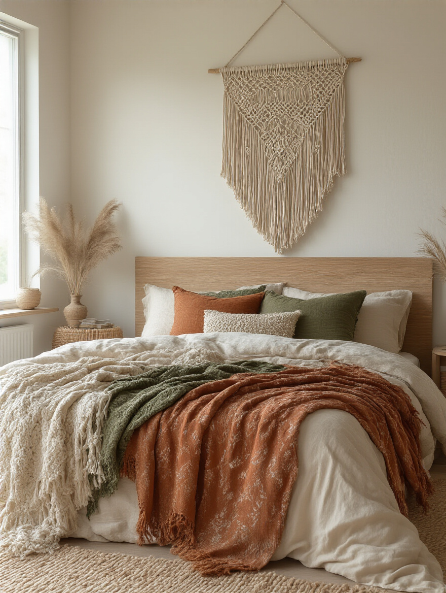 Bohemian bedroom featuring a large intricate beige macrame wall hanging over a wooden bed adorned with layered patterned throws in neutral and earthy colors, creating a cozy and textured look.