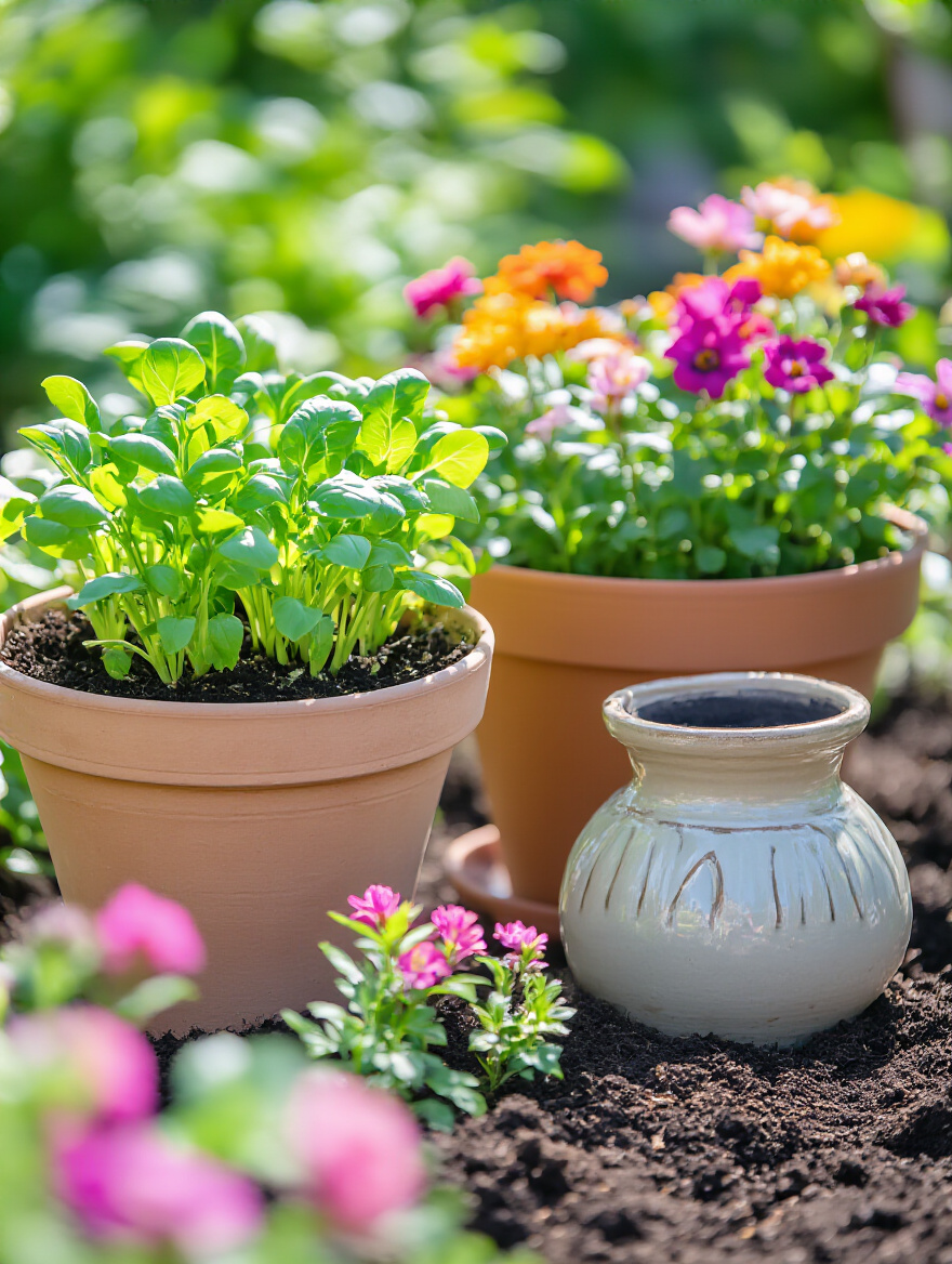 A lush container garden displaying both mature flowering plants and newly planted leafy greens in various pots, suggesting seasonal plant rotation, with an empty pot ready for new planting.