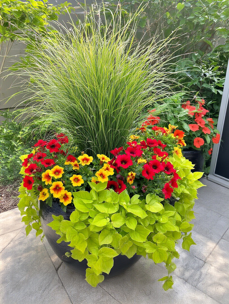A vibrant container garden on a patio featuring a tall ornamental fountain grass (thriller), mounding Calibrachoa (fillers), and cascading sweet potato vine (spillers) in a dynamically designed arrangement.