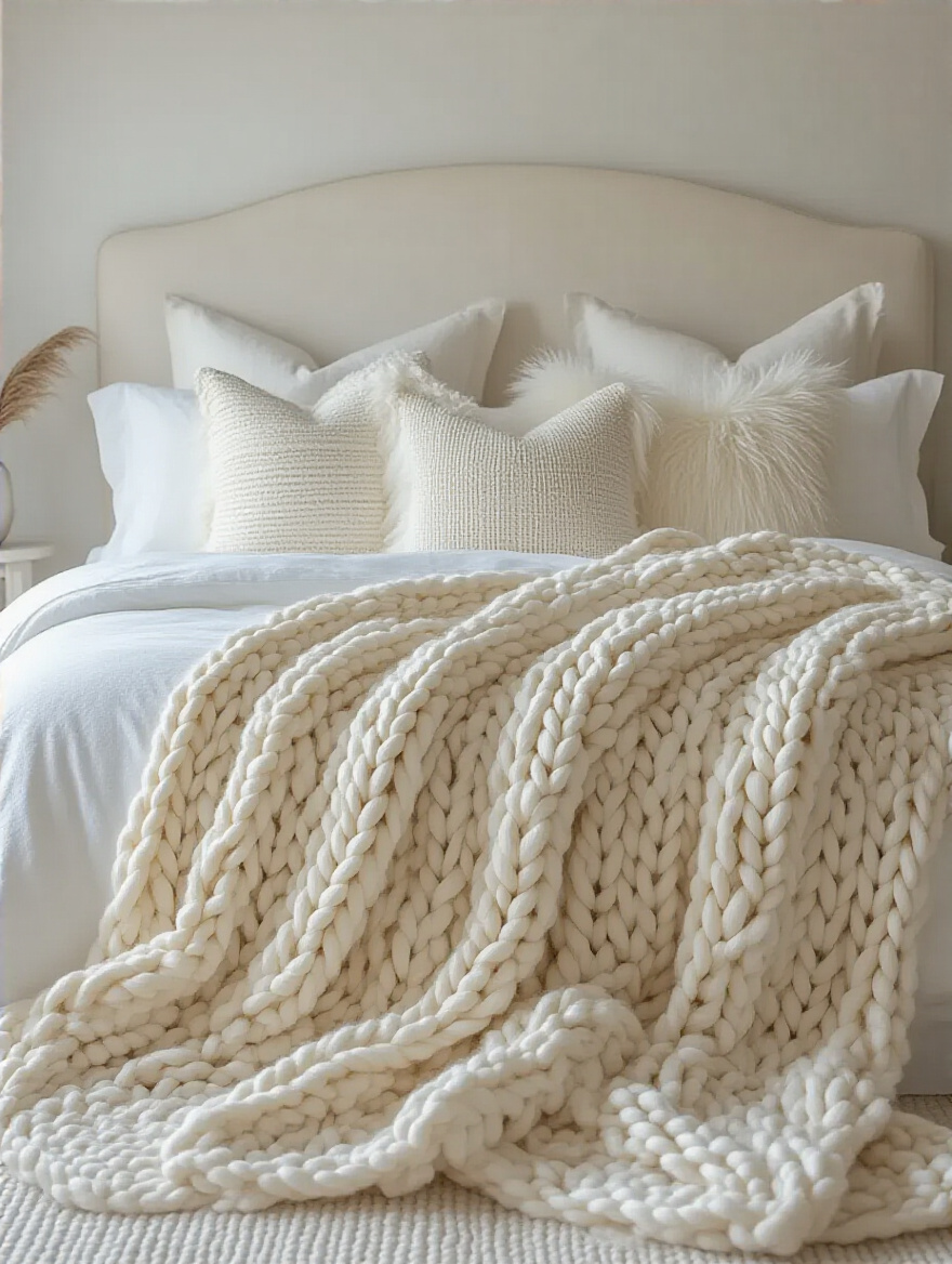An exquisitely styled white bedroom featuring an oversized cream chunky knit throw elegantly draped over the bed, complemented by a sophisticated arrangement of white and off-white decorative pillows with subtle woven patterns. Soft natural light illuminates the luxurious textures, creating an inviting and serene atmosphere.