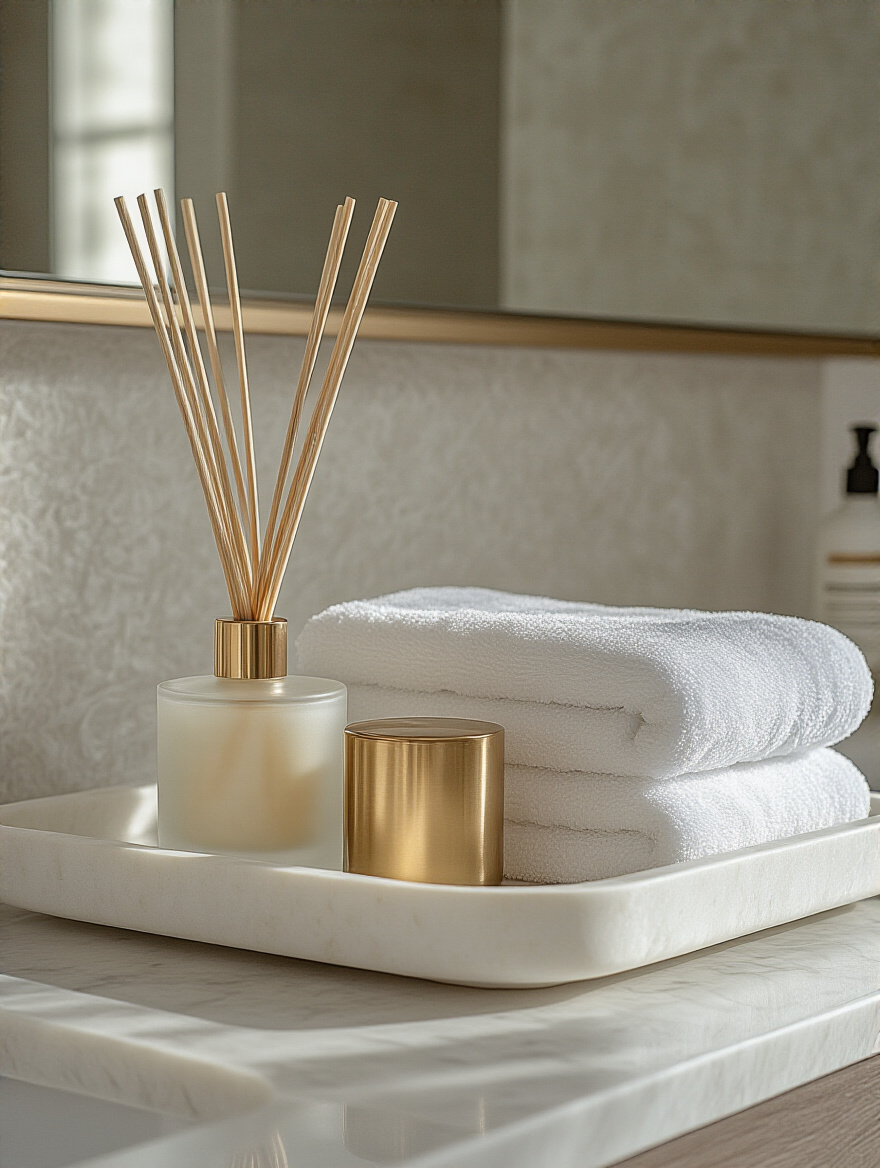 A minimalist bathroom vanity featuring a white marble tray with a reed diffuser, candle, gold soap dispenser, and folded white hand towels, showcasing elegant decorative accents.