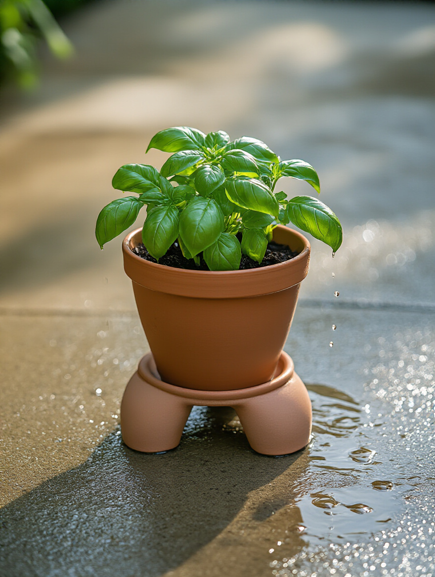 Terracotta plant pot elevated on ceramic feet, showing water draining and air circulating beneath on a patio, symbolizing optimal container garden drainage.