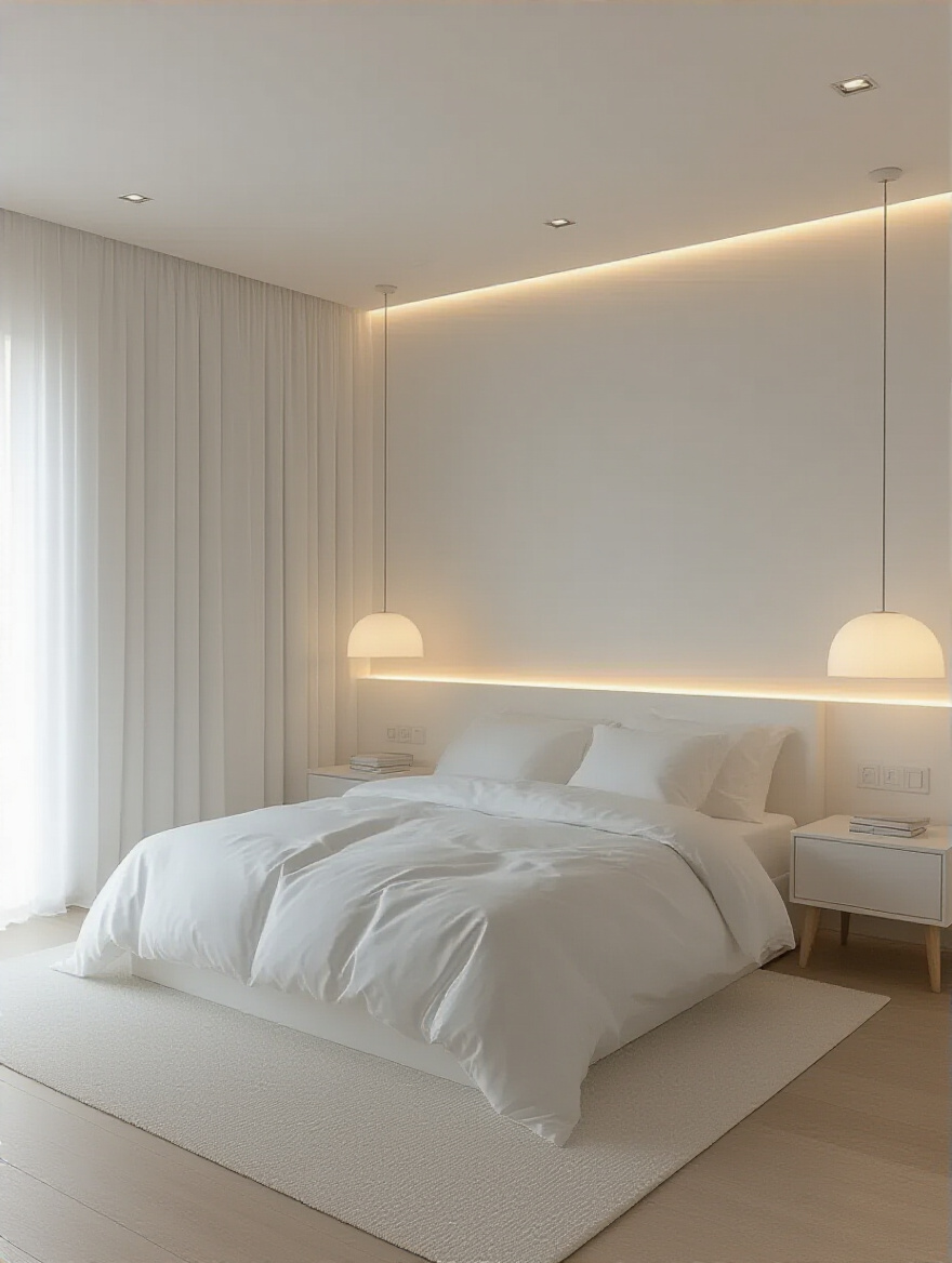 Layered lighting in a minimalist white bedroom, featuring soft overhead glow, task lighting from a bedside lamp, and subtle LED strips, enhancing ambiance.
