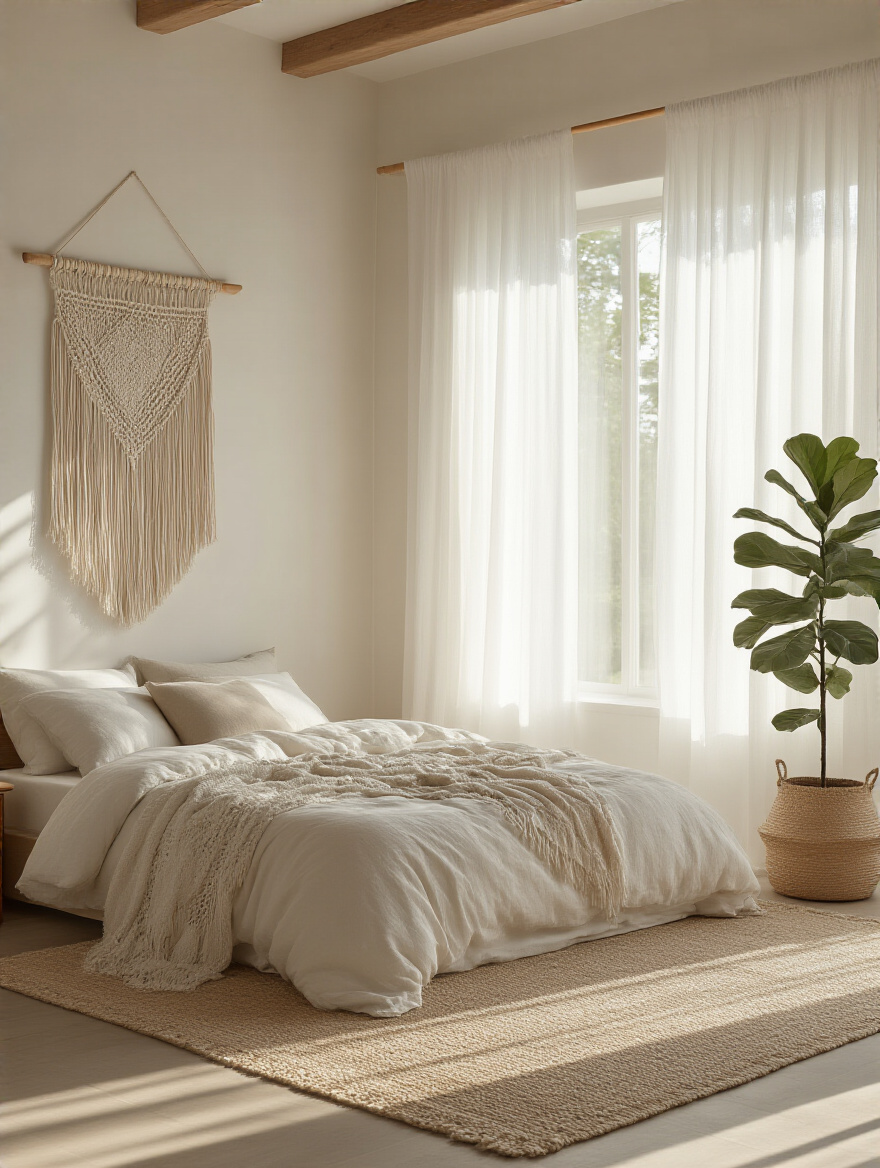 Boho bedroom featuring long sheer linen curtains diffusing natural light, creating a peaceful and spacious atmosphere.
