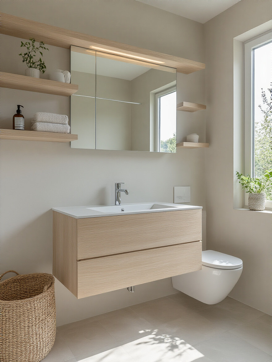 Modern small bathroom with wall-mounted vanity, floating shelves, and a large mirror creating an illusion of space.