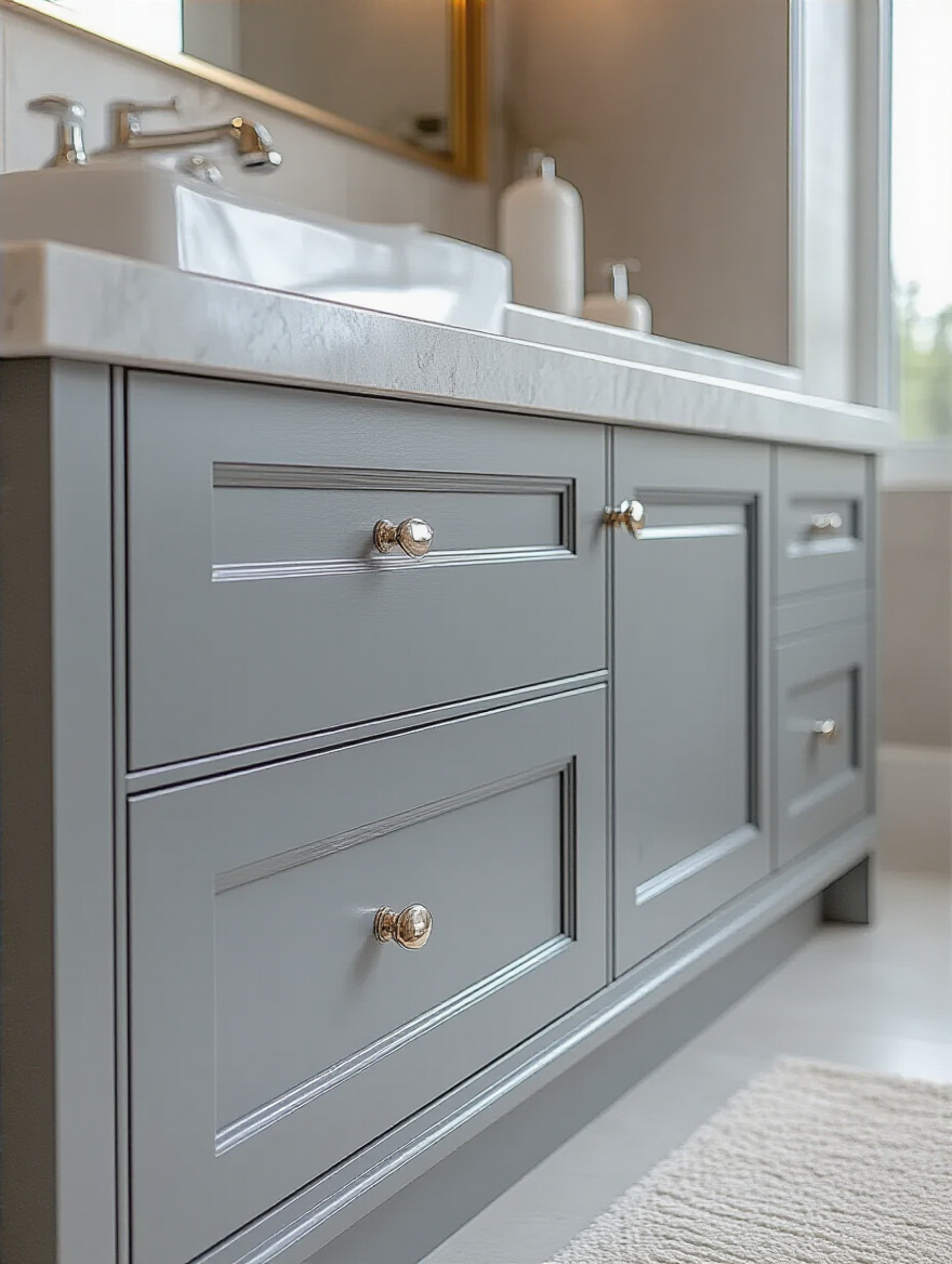 Close-up of a modern gray bathroom cabinet with a barely visible repair being performed on a minor scratch, illustrating timely maintenance.