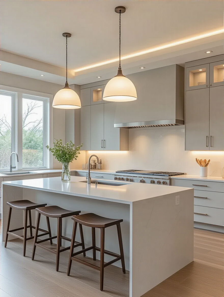 Modern kitchen island with two stylish pendant lights providing bright task illumination and recessed lights casting a soft ambient glow, creating a well-lit and inviting culinary space.