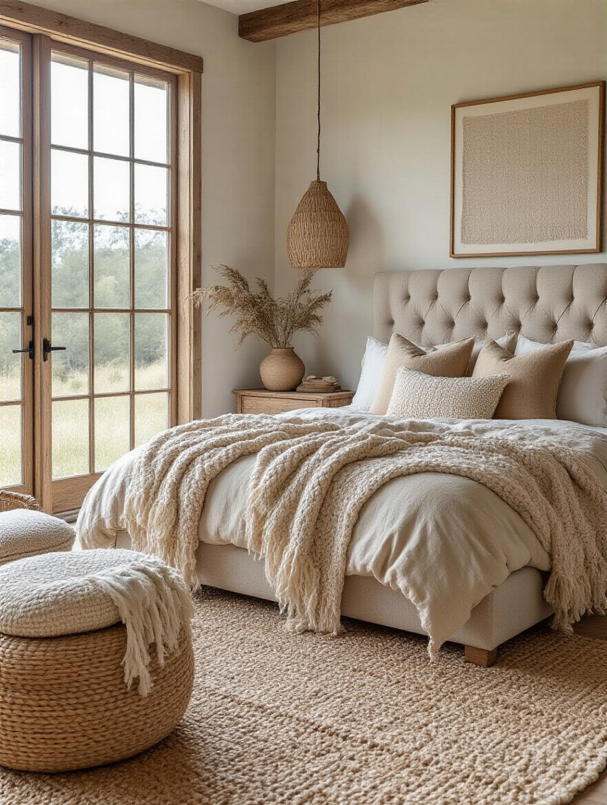 A comfortable boho bedroom featuring a plush bed with layered textiles, a cozy rattan armchair, and a functional storage ottoman, emphasizing comfort and practical design.