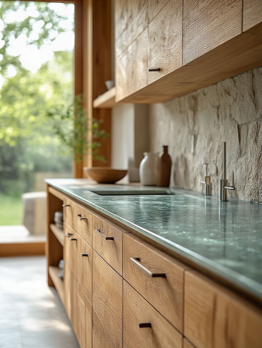 Modern kitchen interior featuring sustainable design: recycled glass countertop, reclaimed wood cabinetry, natural light, promoting ecological stewardship and sustainable materials.