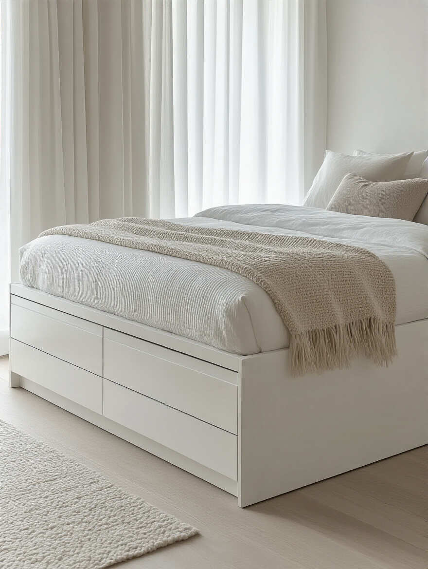 Modern white platform bed with integrated storage drawers and a functional white nightstand in a minimalist bedroom, emphasizing durable finishes and practical design.