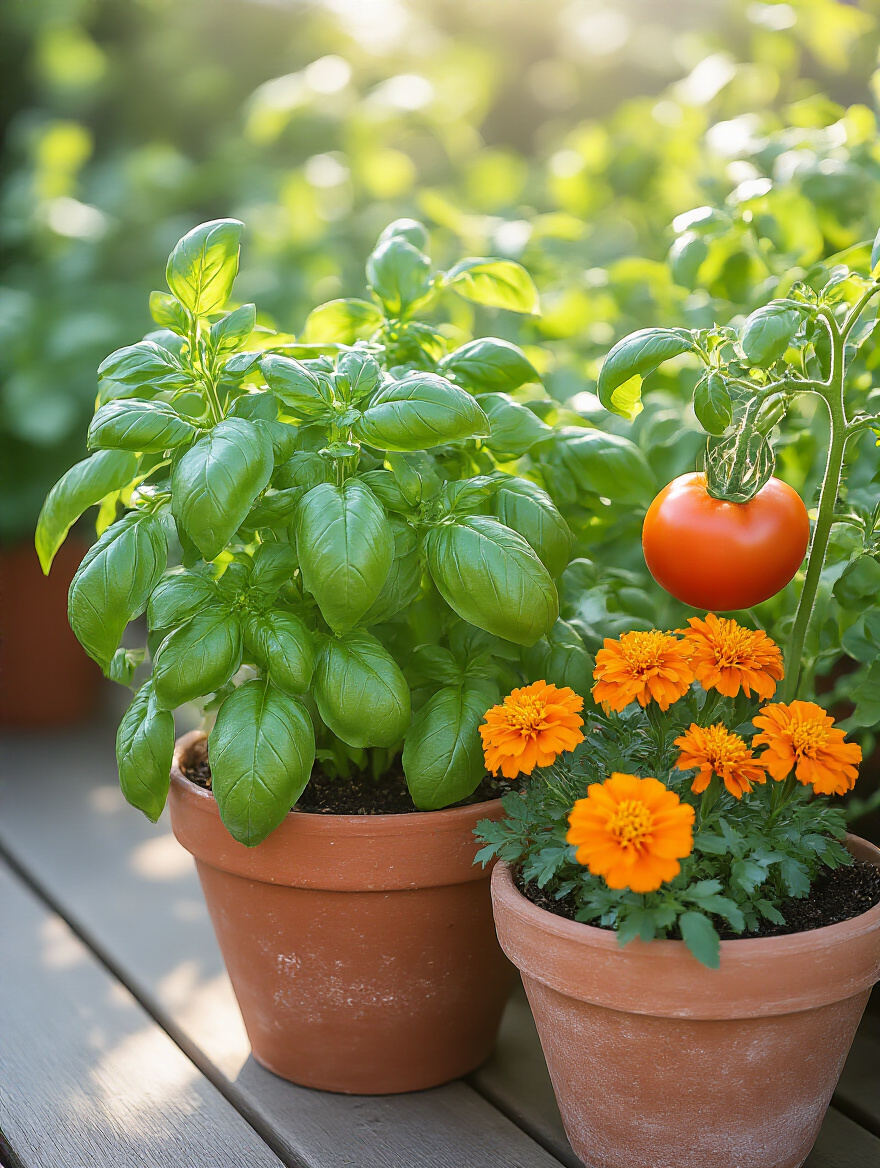 Close-up of vibrant container garden with basil, tomato, and marigolds, demonstrating organic pest prevention techniques, bathed in morning light.