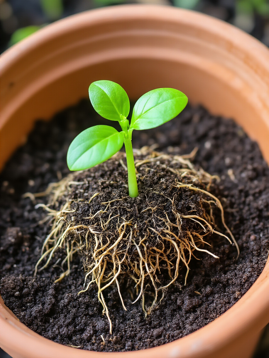 A healthy plant's root ball gently suspended over a new terracotta pot filled with fresh potting mix, demonstrating careful handling during transplanting to prevent shock.