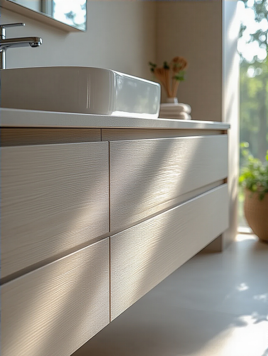 Modern bathroom cabinet base showing a well-sealed surface and subtle integrated ventilation for water damage protection.