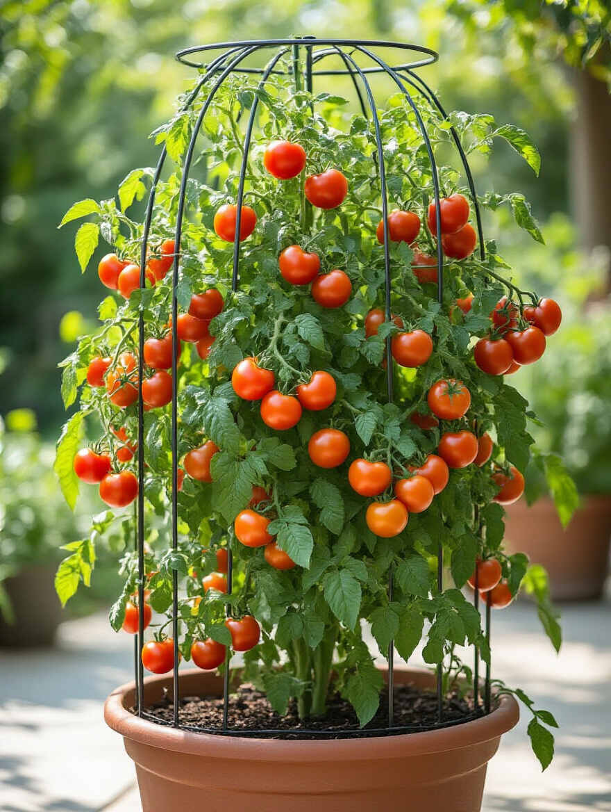 A lush, supported tomato plant in a terracotta container, climbing a heavy-gauge steel cage, filled with ripe tomatoes.