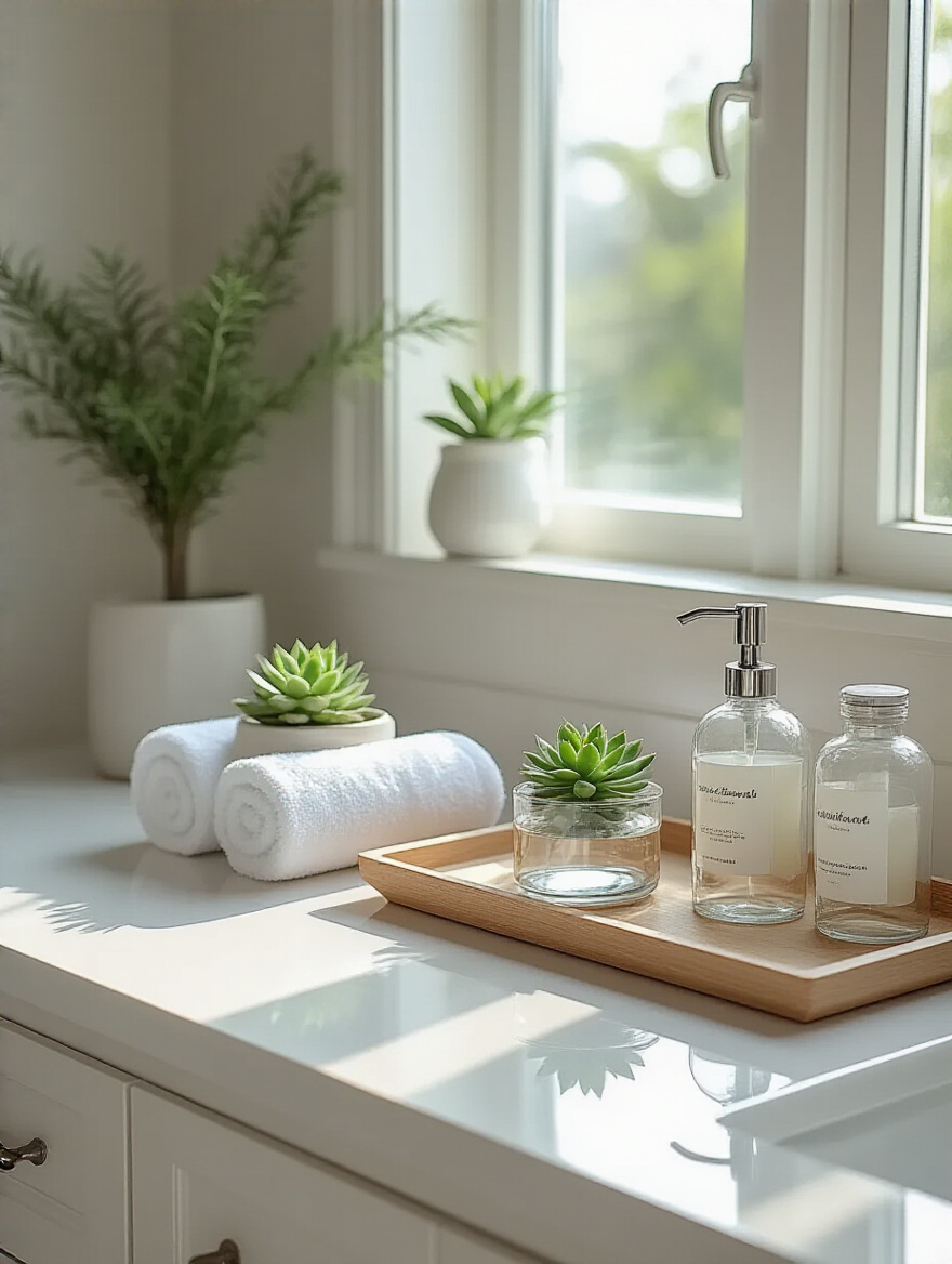 A beautifully decluttered and refreshed modern bathroom, featuring organized storage, clean lines, and a calm, tranquil atmosphere, ready for lasting appeal.