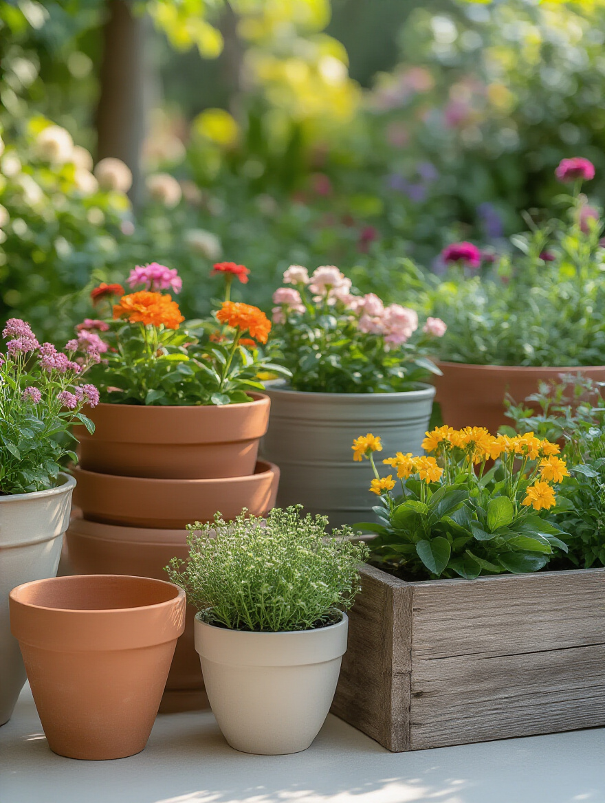 A collection of diverse container garden materials including terracotta, glazed ceramic, plastic, and wood, arranged for aesthetic comparison.