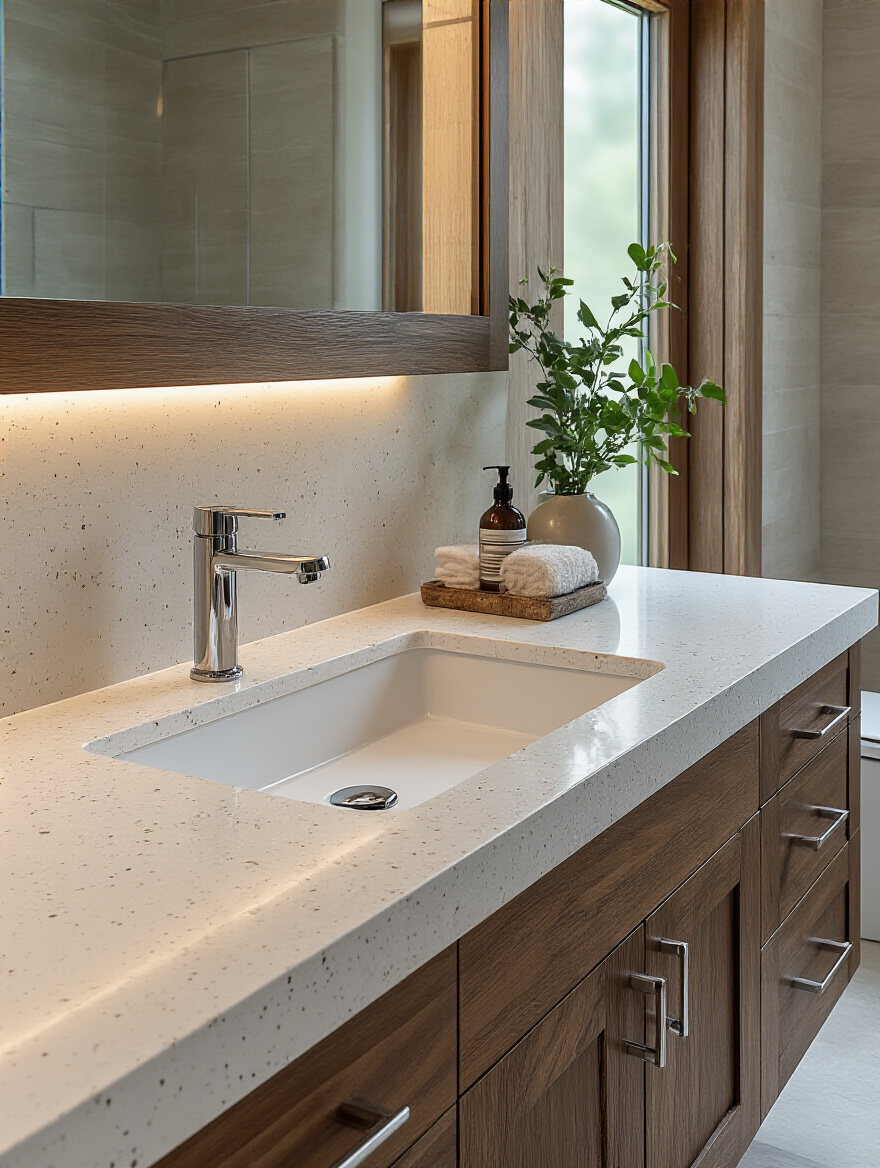 Modern bathroom vanity with a durable engineered quartz countertop protecting dark wood cabinets, featuring an undermount sink and subtle lighting.