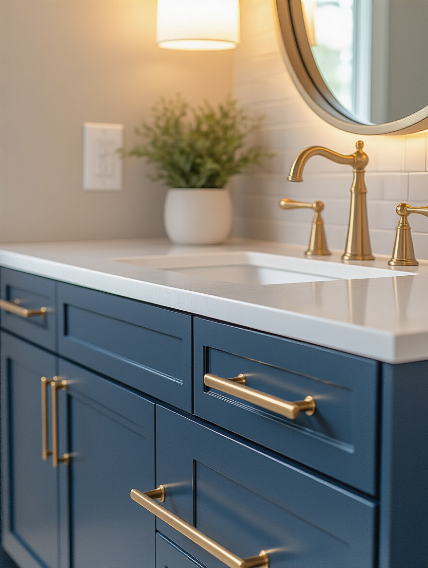Modern bathroom vanity with deep blue cabinets and white quartz countertop, featuring elegant brushed gold bar pulls and round knobs. The hardware enhances both the functionality and visual appeal of the bathroom cabinet design.