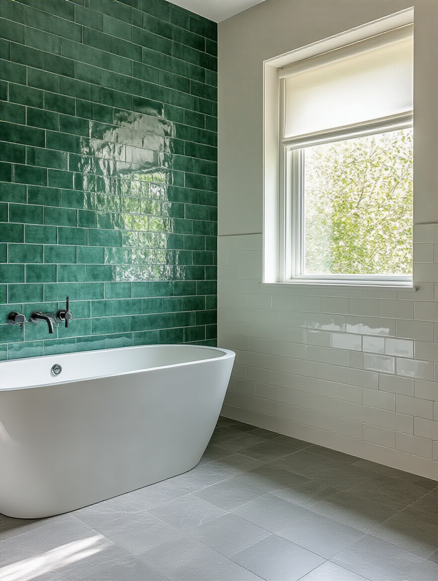 Modern bathroom with large format light gray floor tiles and an emerald green zellige accent wall, showcasing sophisticated tile designs.