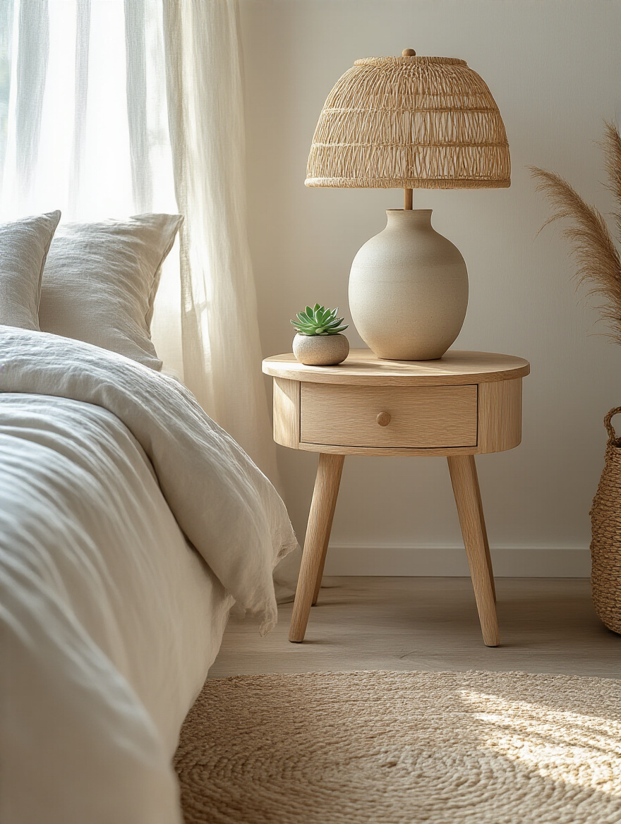 A beautifully styled boho bedroom featuring a round wooden nightstand next to a bed, softening the room's angles with natural textures and a calming aesthetic.