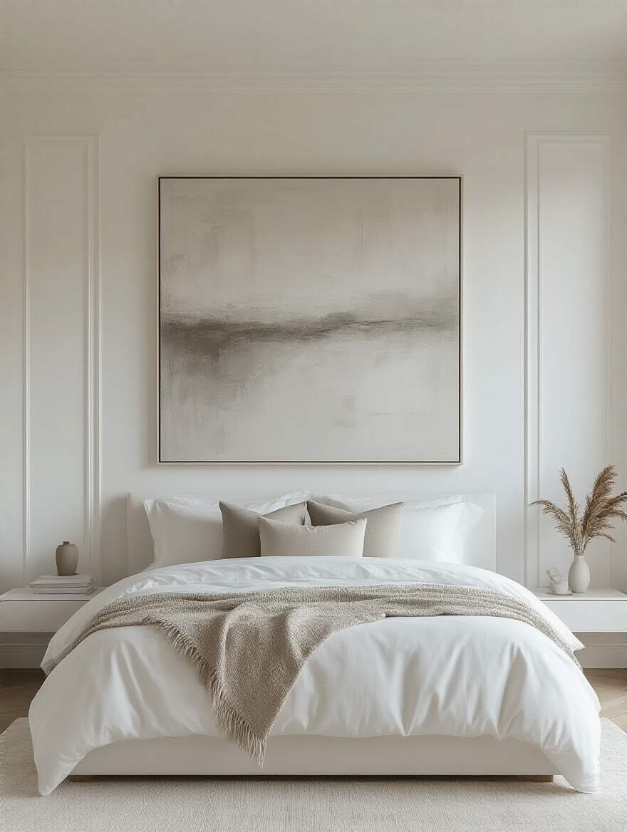 Thoughtful abstract wall art hanging above a bed in a minimalist white bedroom, adding personality and warmth.