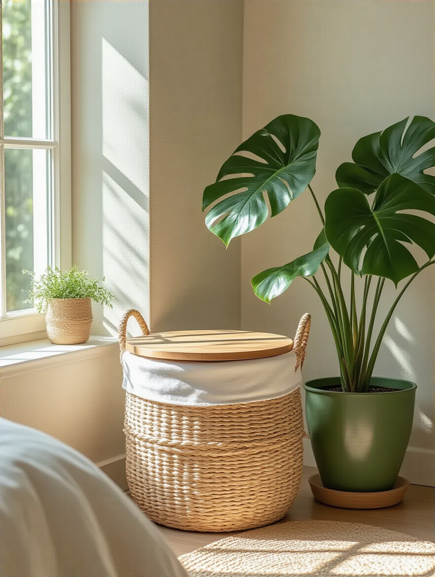 Boho bedroom corner with a large woven sea grass laundry basket with a lid, discreetly placed next to a vibrant Monstera plant. Soft daylight illuminates the natural textures.