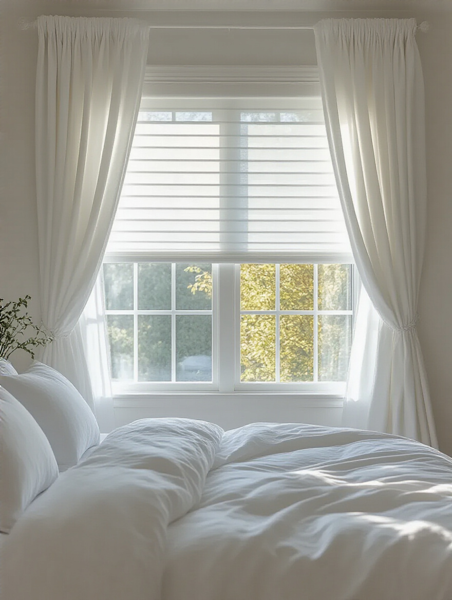 White bedroom with layered window treatments, including sheer roller shades and crisp linen drapes, providing light control and adding softness to the serene decor.