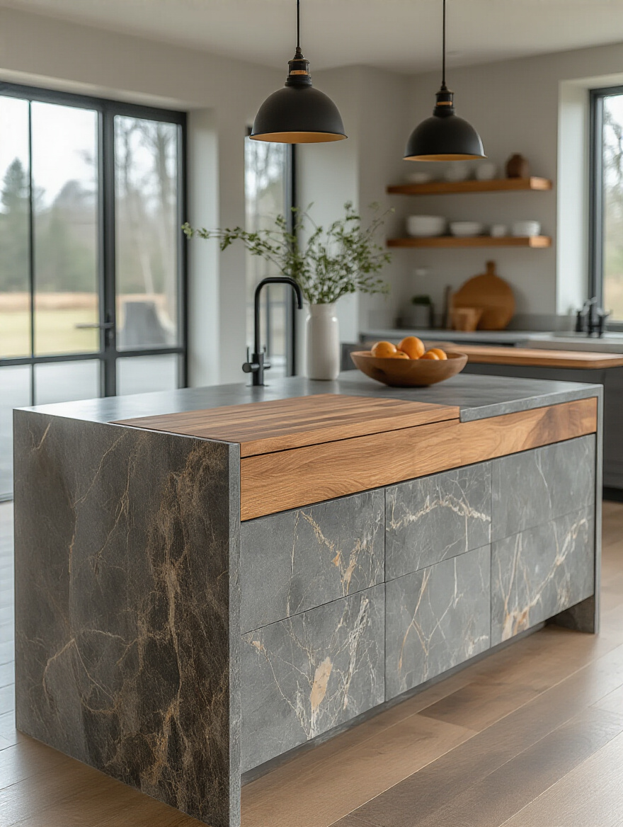 Various kitchen island countertop materials including quartz, granite, wood, and concrete displayed beautifully in a modern kitchen, highlighting durability and aesthetic appeal.
