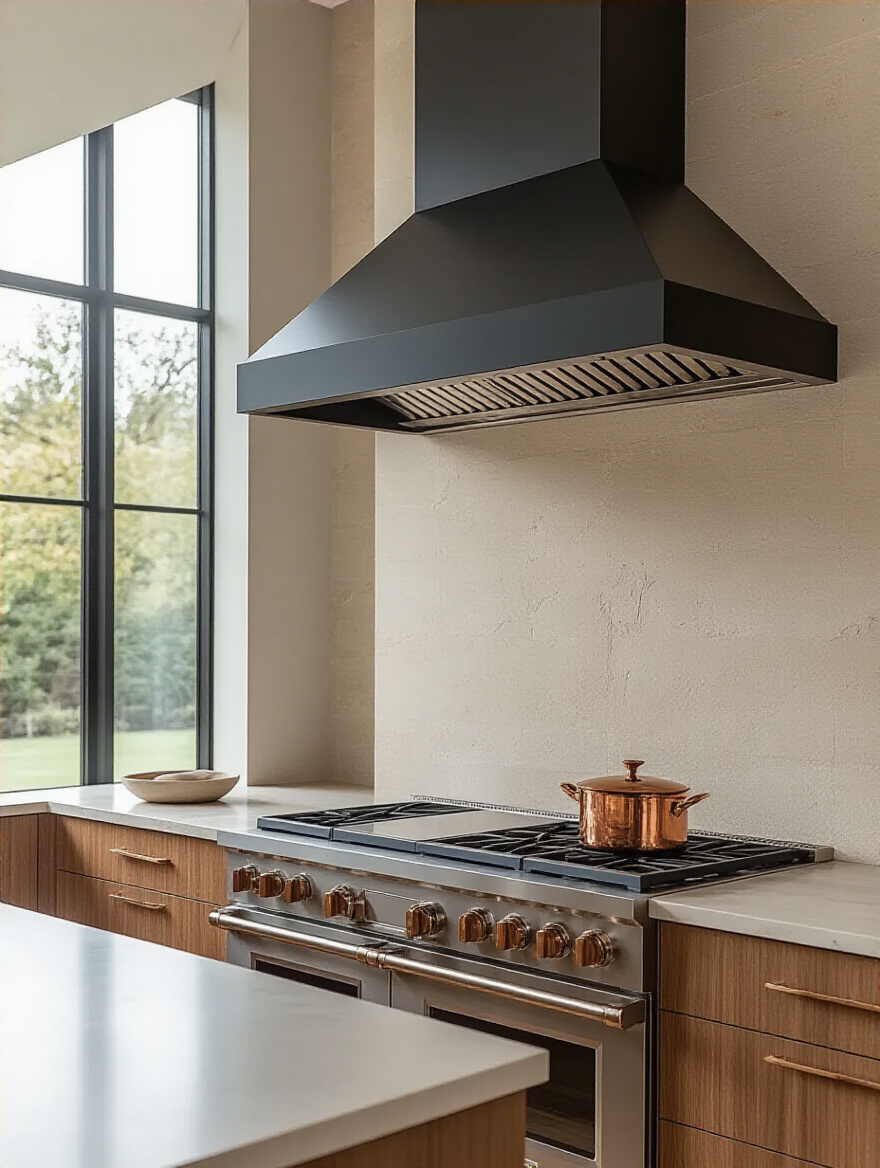 Modern kitchen with a black steel integrated range hood, wood cabinetry, and stone backsplash, highlighting advanced ventilation for air quality and odor mitigation.