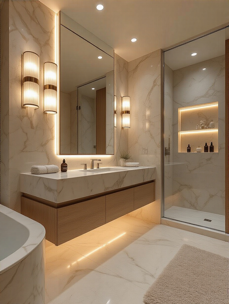 A modern bathroom featuring layered lighting: bright vanity sconces, recessed ceiling lights, and subtle LED accent lighting under a floating vanity and in a shower niche, creating a luxurious and functional space.
