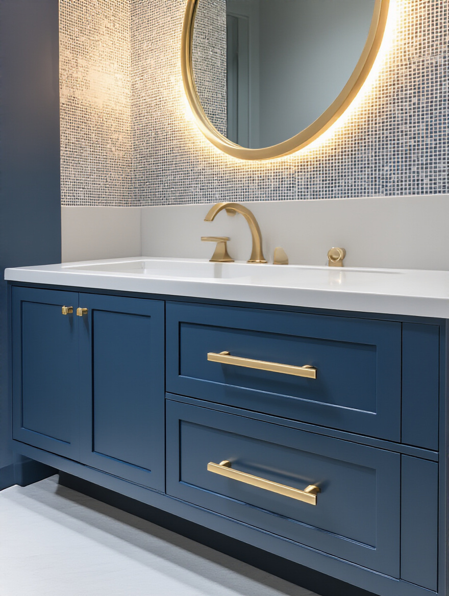 A modern bathroom vanity with strategically designed white oak cabinets and drawers, showcasing optimal workflow and accessibility, organized with various storage solutions.