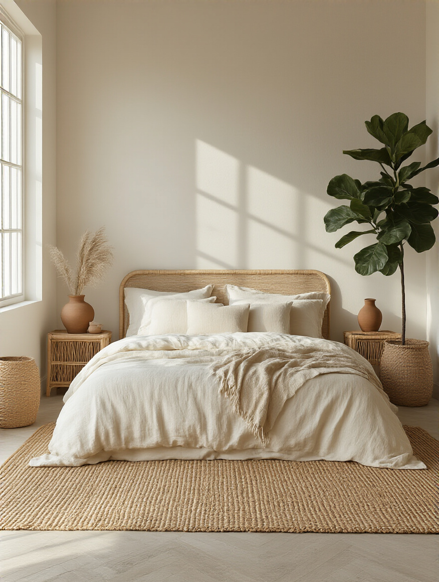 Bohemian bedroom featuring a large natural jute area rug under a bed with linen bedding, defining the sleeping zone and adding organic texture. Soft sunlight, rattan accents, and green plants contribute to a serene atmosphere.