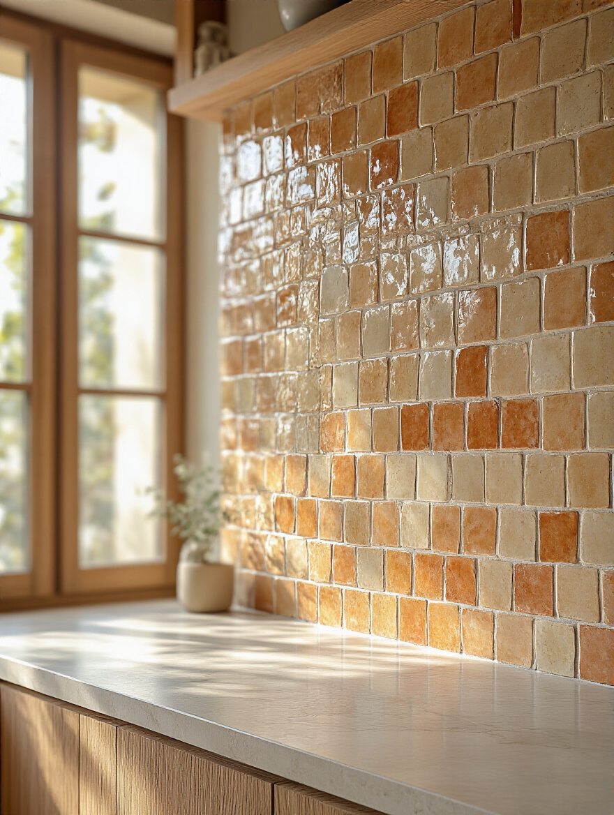 A close-up view of a kitchen backsplash featuring unique, handcrafted Moroccan zellige tiles in warm, earthy tones, catching natural light.