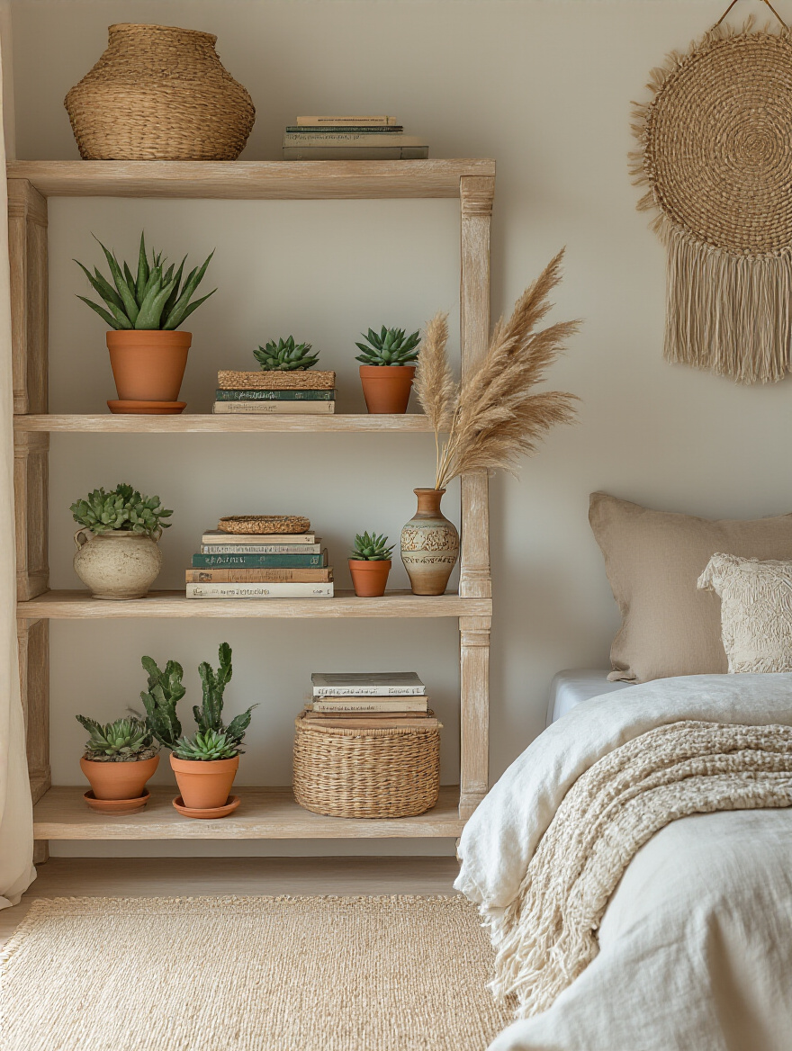 Portrait view of a distressed wooden open shelving unit styled with bohemian collectibles, plants, and books in a cozy boho bedroom.