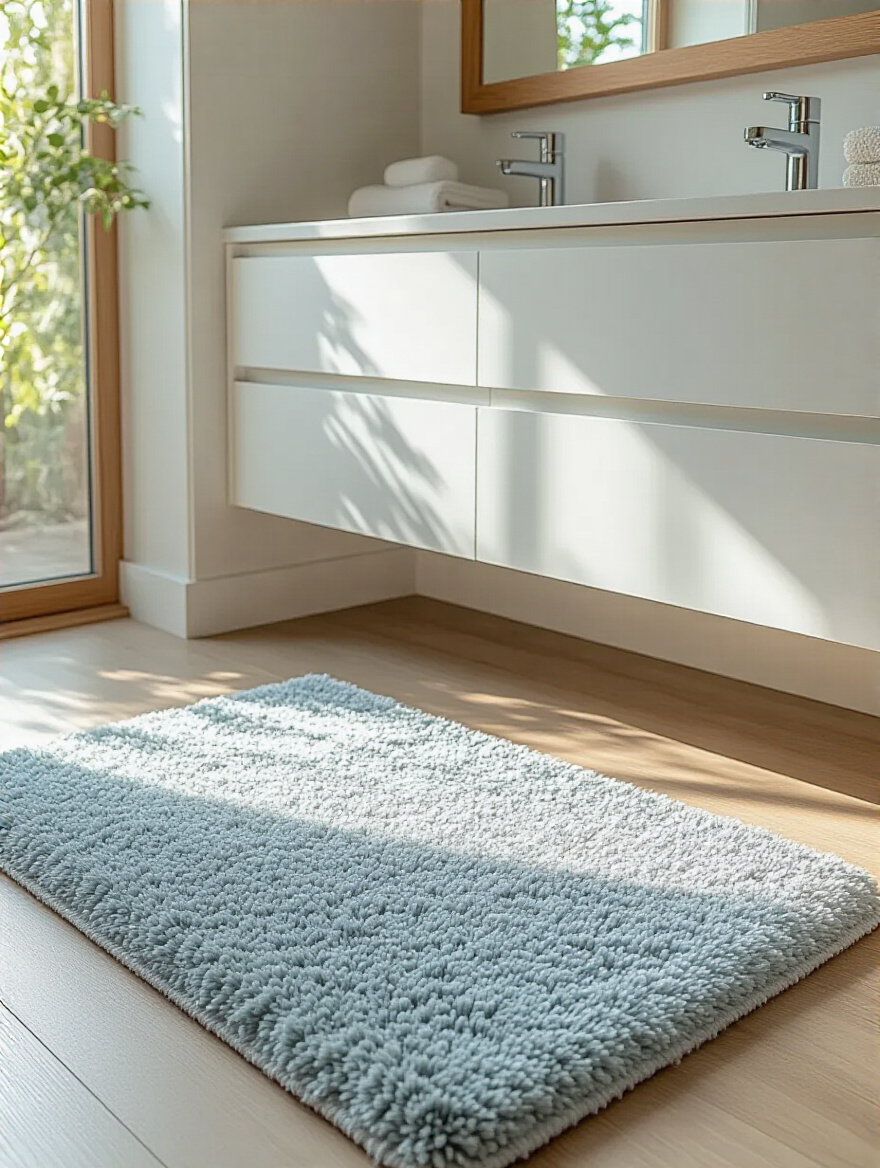 A serene bathroom featuring a luxurious, plush grey small rug placed in front of a modern white double vanity, enhancing comfort and adding a touch of sophisticated style. The space is bathed in soft, natural light, emphasizing cleanliness and warmth.