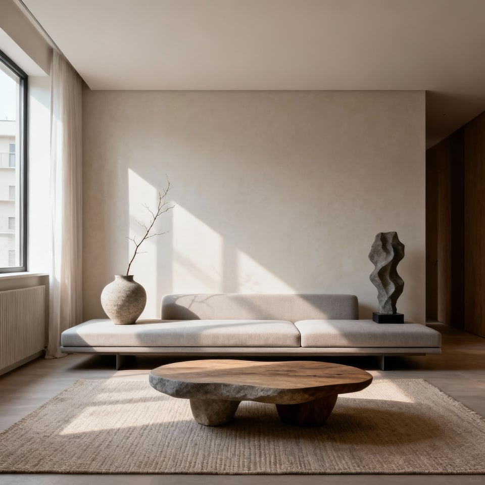 A serene apartment living room showcasing a cohesive aesthetic core with minimalist furniture, neutral colors, and subtle textures, designed for a harmonious and organized space.